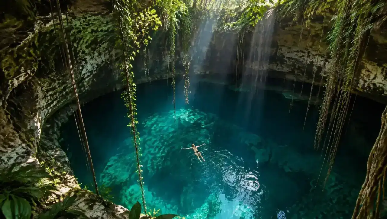 Swimmer floating in a turquoise cenote under jungle vines